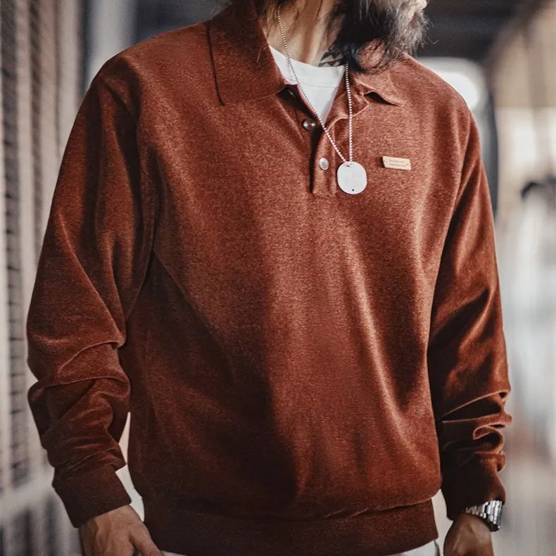 Maden Retro Chenille Half Open Polo Shirt Loose Collar Pullover Long Sleeve T-Shirt