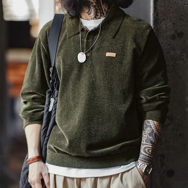 Maden Retro Chenille Half Open Polo Shirt Loose Collar Pullover Long Sleeve T-Shirt