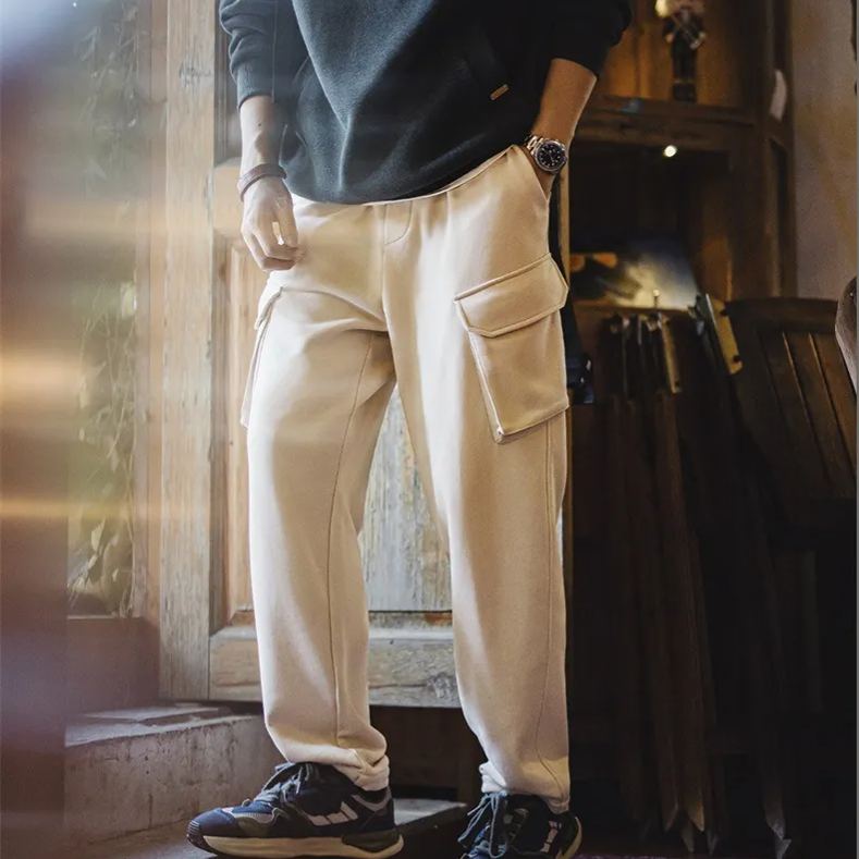 Maden retro multi pocket straight leg elastic waist band drawstring ankle sports casual pants