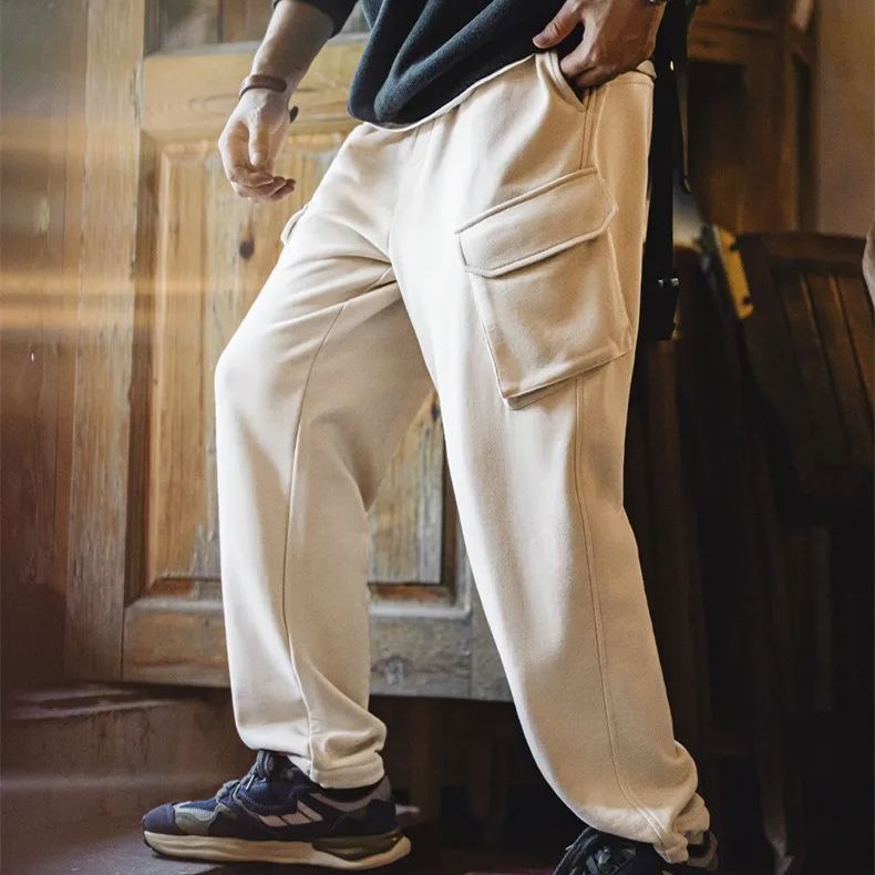 Maden retro multi pocket straight leg elastic waist band drawstring ankle sports casual pants