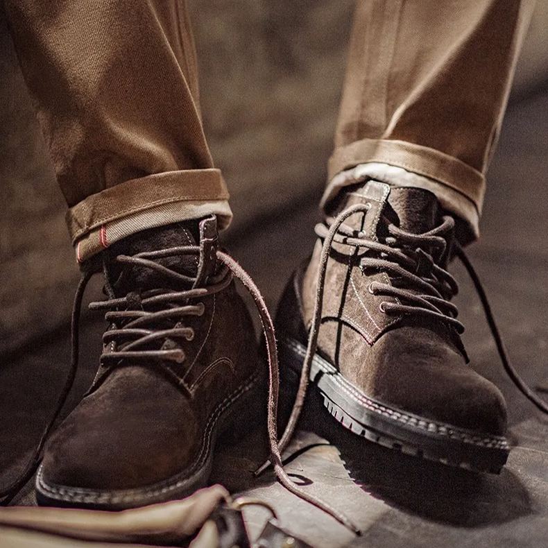 Maden Wilderness Brown Retro Work Boots Casual Mid Top Thick Bottom Leather Breathable Martin Boots