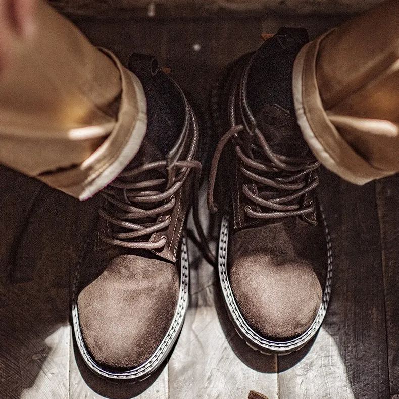 Maden Wilderness Brown Retro Work Boots Casual Mid Top Thick Bottom Leather Breathable Martin Boots