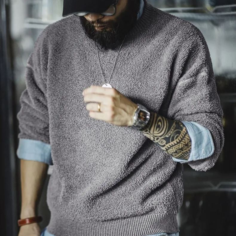 Magi Retro Half Fleece Round Neck Sweater Lazy Style Hoodie Grey Velvet Warm Top