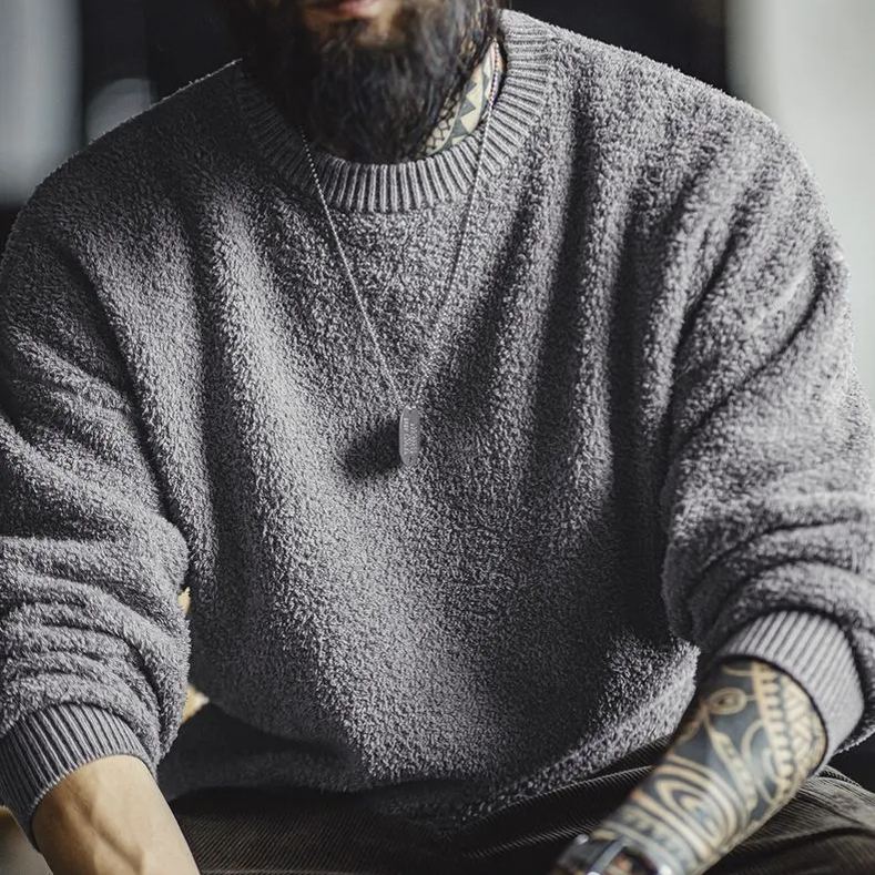 Magi Retro Half Fleece Round Neck Sweater Lazy Style Hoodie Grey Velvet Warm Top