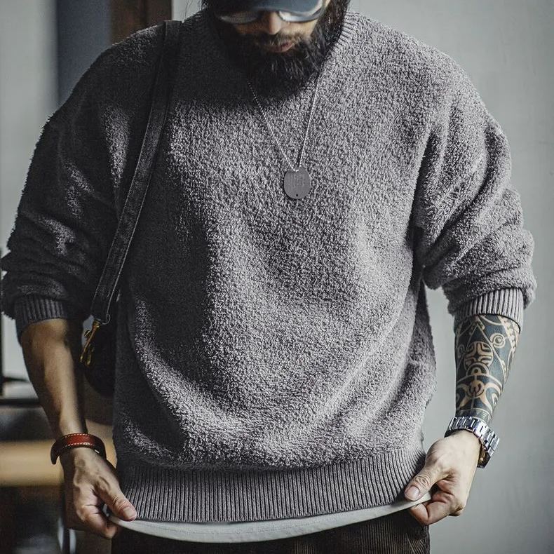 Magi Retro Half Fleece Round Neck Sweater Lazy Style Hoodie Grey Velvet Warm Top