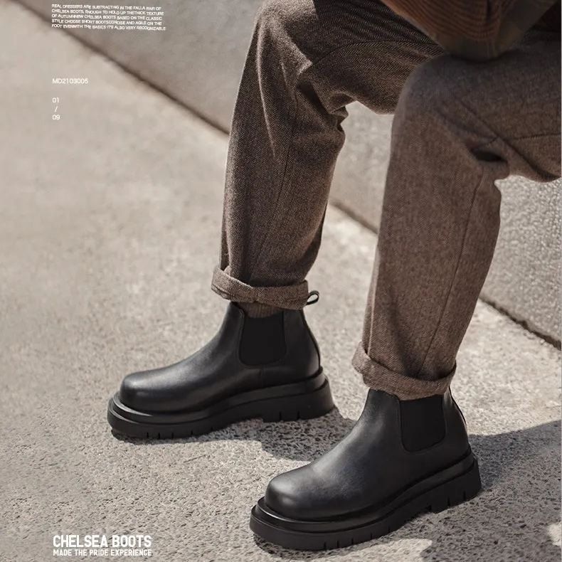 Maden Chercy boots with thick sole for increased height, casual black leather short boots, Martin boots