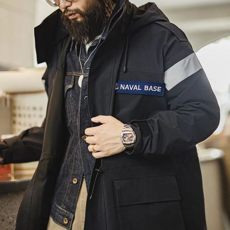 Maggoed Vintage Mid-Length Navy Parker Trench Coat Loose Windproof Hooded Jacket Coat