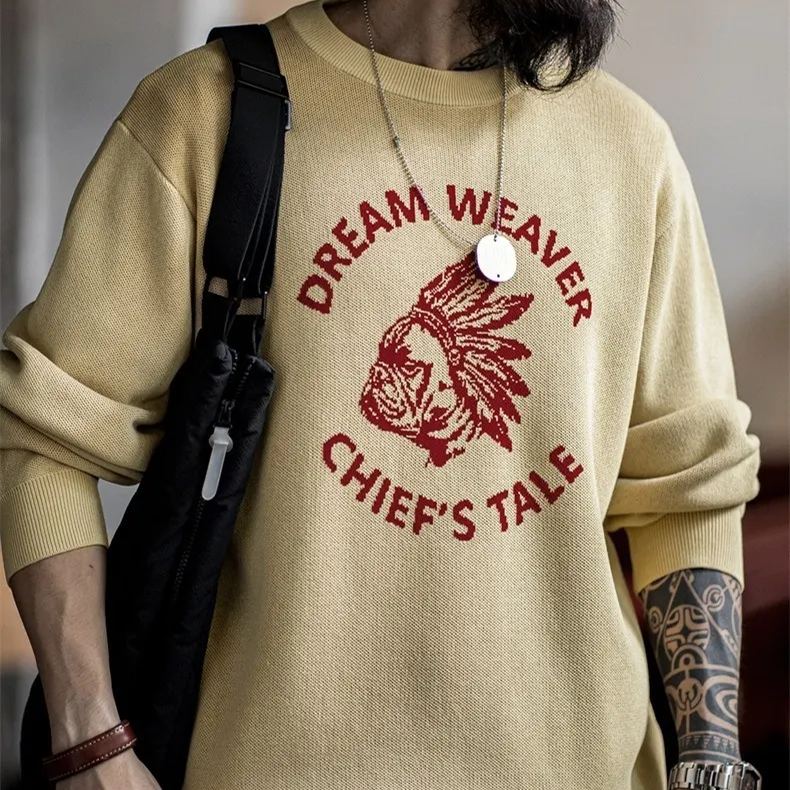 Maden Vintage Faux Linen Letter Clashing Sweater Ami Clicker Pullover Crew Neck Knit Sweater