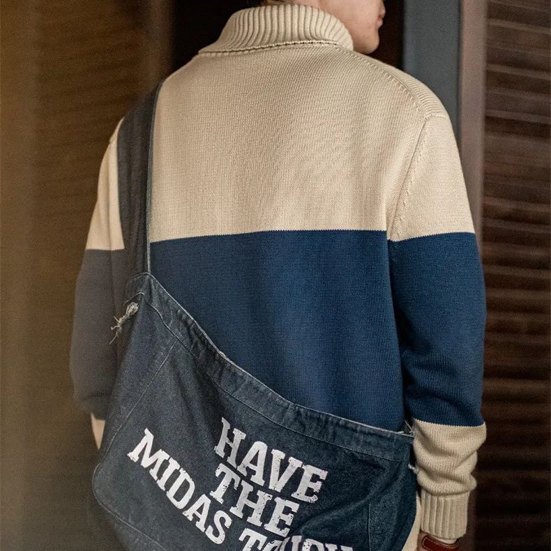 Maden Vintage Turtleneck Knit Sweater Clashing Stripes Pullover Warm Bottom Knit Sweater