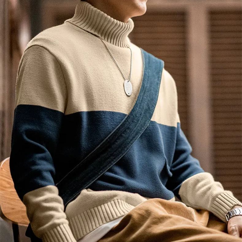 Maden Vintage Turtleneck Knit Sweater Clashing Stripes Pullover Warm Bottom Knit Sweater