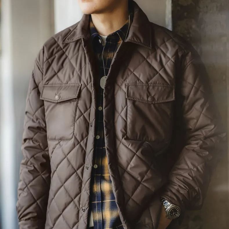 Maden Vintage Quilted Diamond Plaid Jacket Cotton Loose Lapel Warm Cotton Coat Jacket