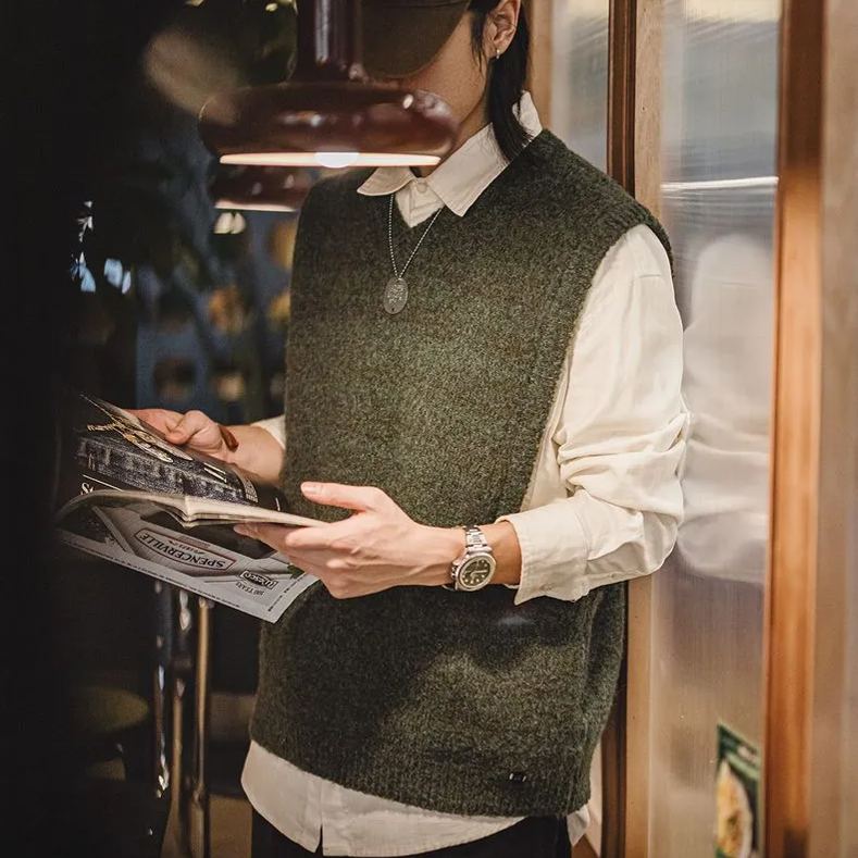 Madden Workwear American Retro Knitted V-neck Vest Fluffy Vest Bandage Dress Pullover Keep Warm Sleeveless Waistcoat Men's Autumn and Winter