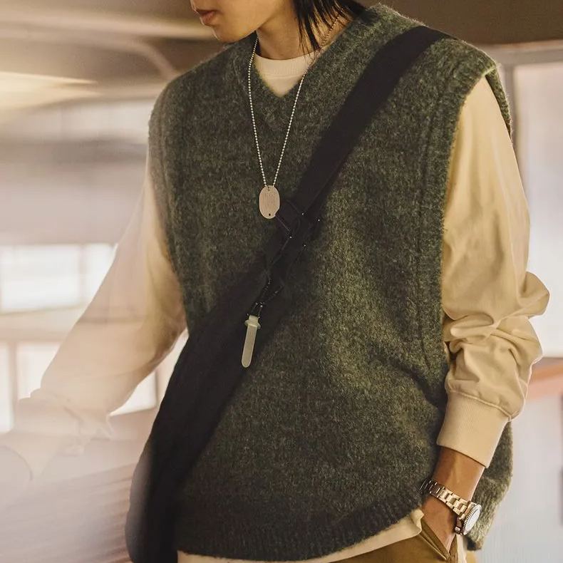 Madden Workwear American Retro Knitted V-neck Vest Fluffy Vest Bandage Dress Pullover Keep Warm Sleeveless Waistcoat Men's Autumn and Winter