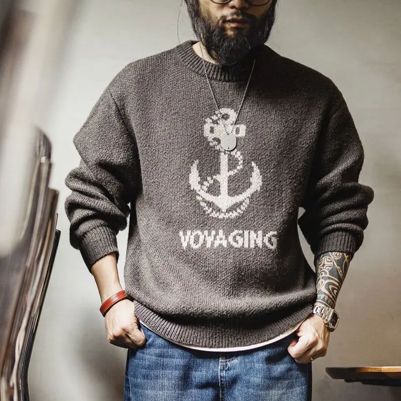 Maden Vintage Knit Anchor Jacquard Sweater Vintage Pullover Crew Neck Bottom Sweater