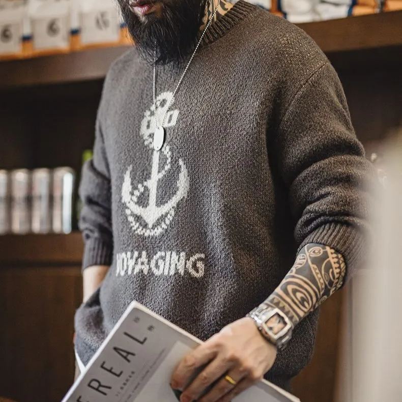 Maden Vintage Knit Anchor Jacquard Sweater Vintage Pullover Crew Neck Bottom Sweater