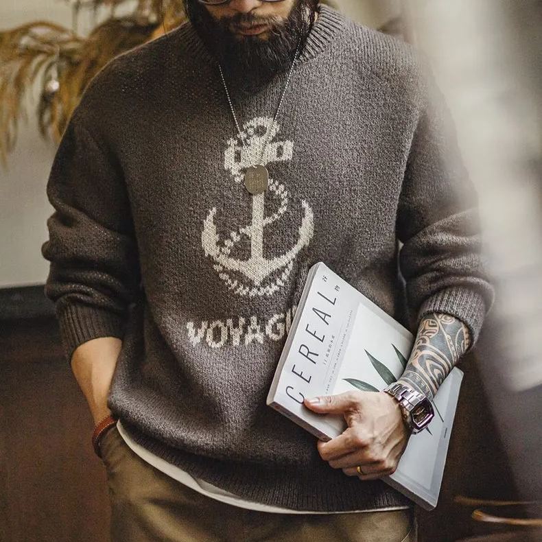 Maden Vintage Knit Anchor Jacquard Sweater Vintage Pullover Crew Neck Bottom Sweater