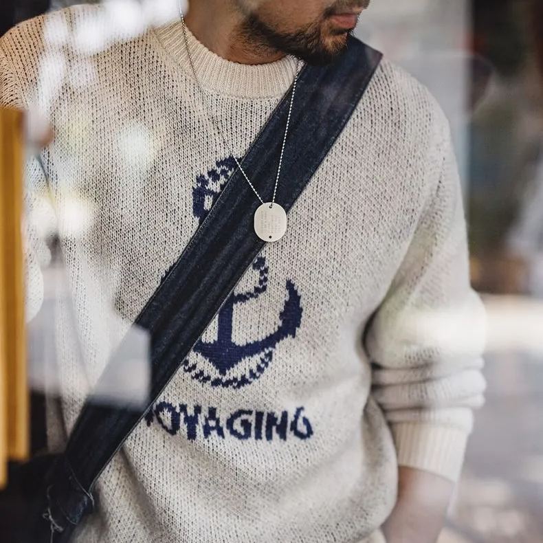 Maden Vintage Knit Anchor Jacquard Sweater Vintage Pullover Crew Neck Bottom Sweater