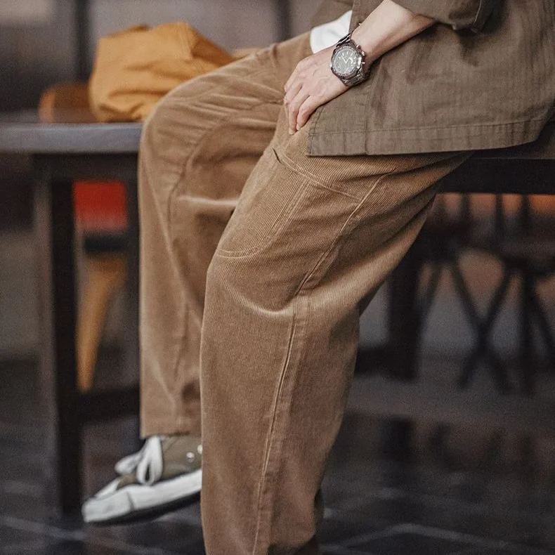 Maden retro multi pocket corduroy casual pants, loose striped velvet, pure cotton straight leg pants