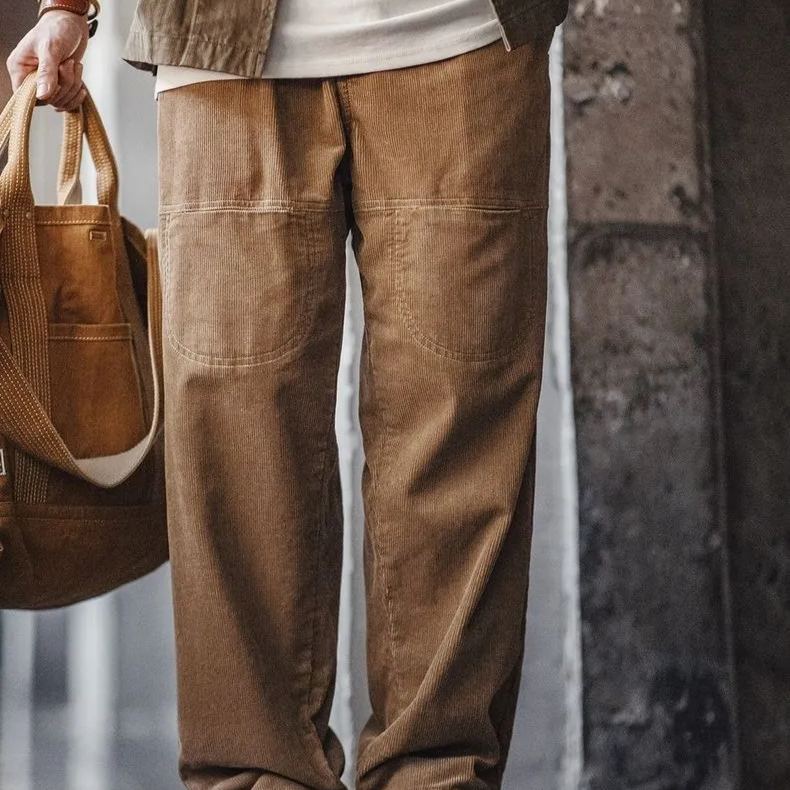Maden retro multi pocket corduroy casual pants, loose striped velvet, pure cotton straight leg pants