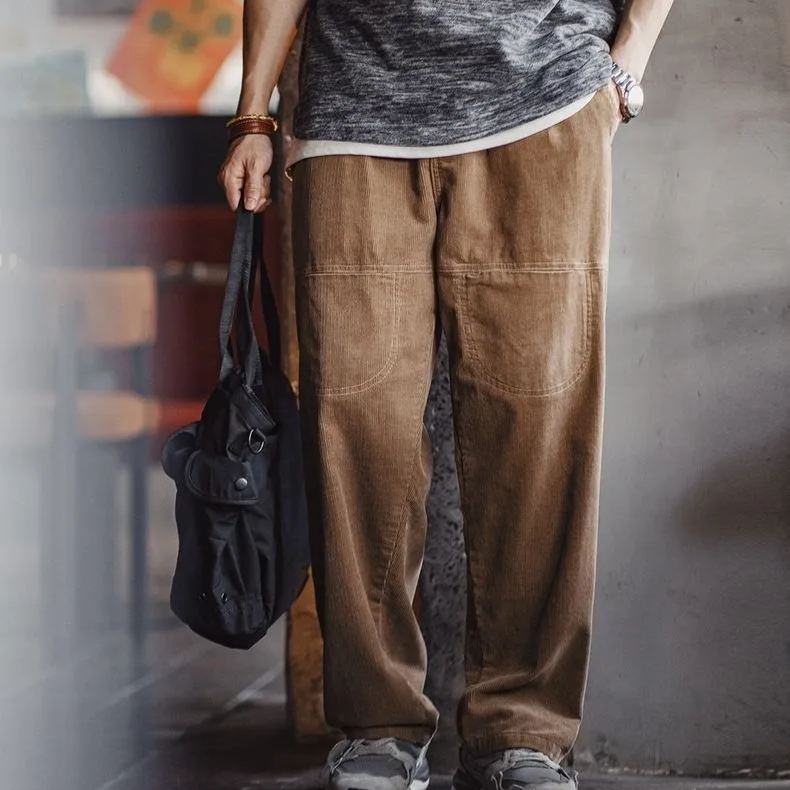 Maden retro multi pocket corduroy casual pants, loose striped velvet, pure cotton straight leg pants