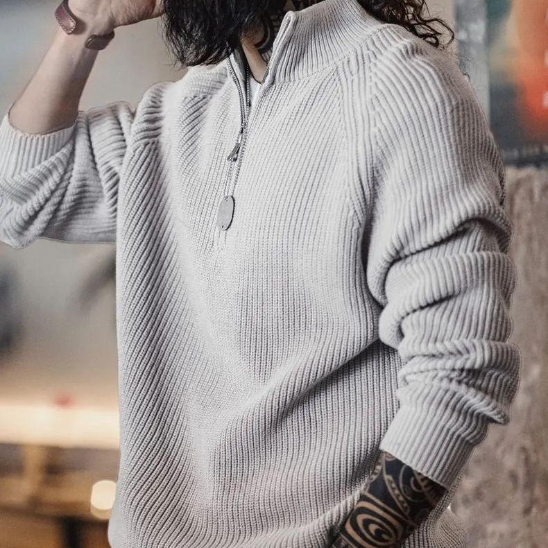 Maden Retro Half Zipper Stand up Collar Sweater Hoodie Bottom High Collar Knitted Top