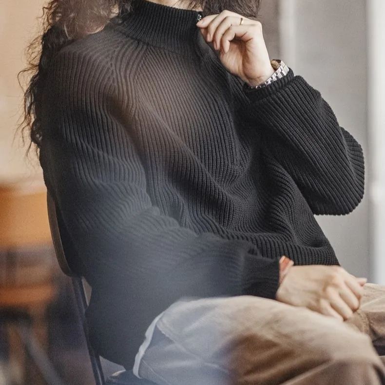 Maden Retro Half Zipper Stand up Collar Sweater Hoodie Bottom High Collar Knitted Top