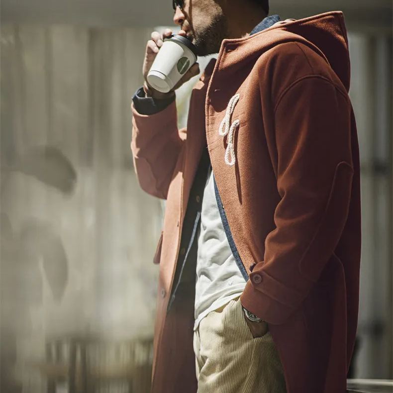 Maden retro horn button hooded woolen coat, college style loose long jacket