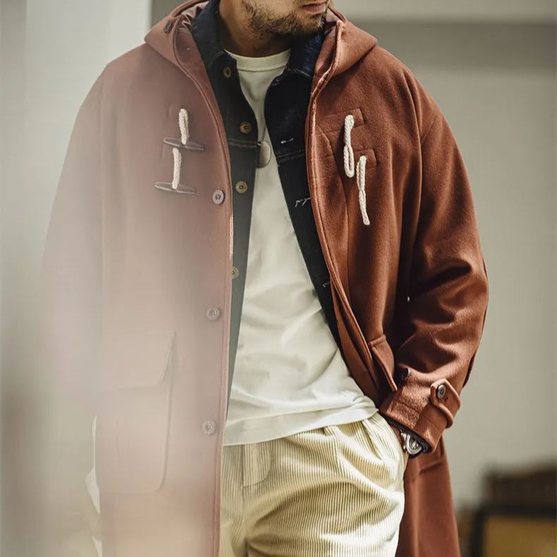 Maden retro horn button hooded woolen coat, college style loose long jacket