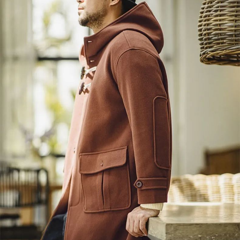 Maden retro horn button hooded woolen coat, college style loose long jacket
