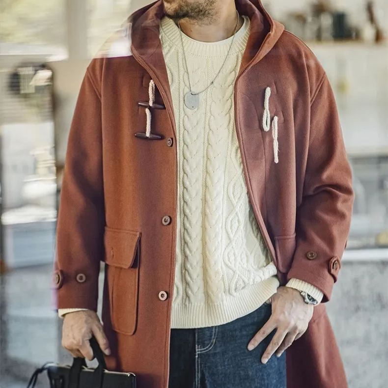 Maden retro horn button hooded woolen coat, college style loose long jacket