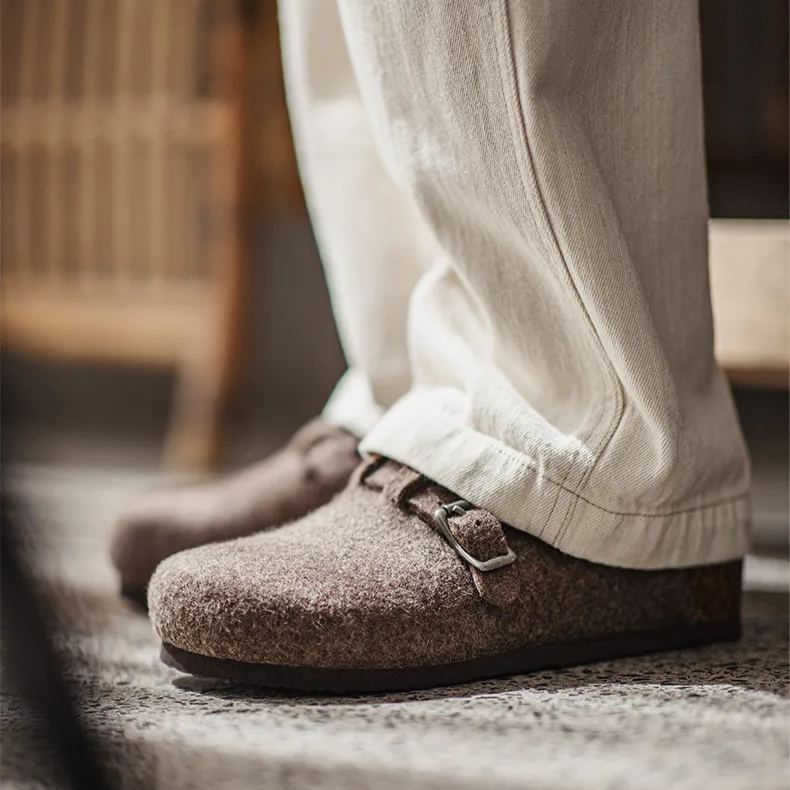 Maden wool felt M ü ller shoes, casual one foot kick, worn with cork sole and toe cover, semi slippers