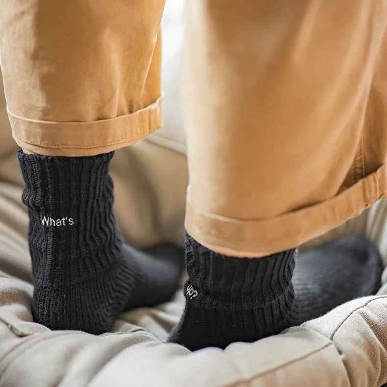 Marden Workwear Retro Thick Line Embroidery Knitted Tube Socks Black Sports Breathable Combed Cotton Long Socks Men and Women Autumn