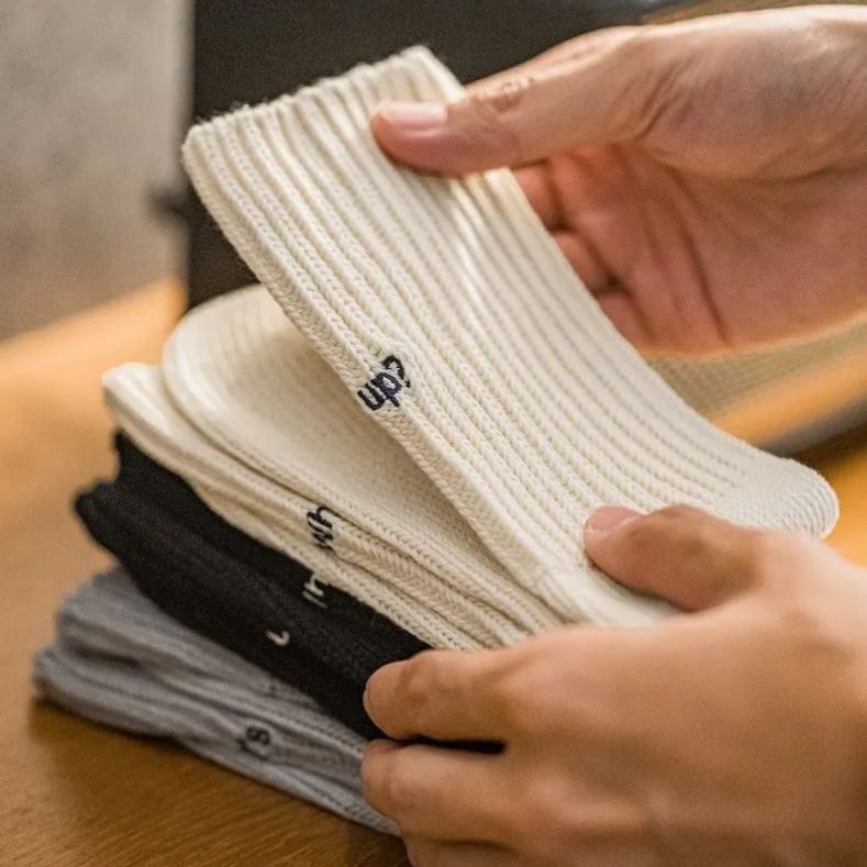 Marden Workwear Retro Thick Line Embroidery Knitted Tube Socks Black Sports Breathable Combed Cotton Long Socks Men and Women Autumn