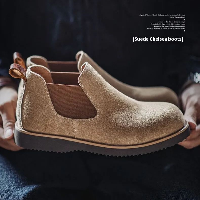 Maden Chelsea boots, retro workwear boots, versatile cowhide suede round toe casual leather shoes