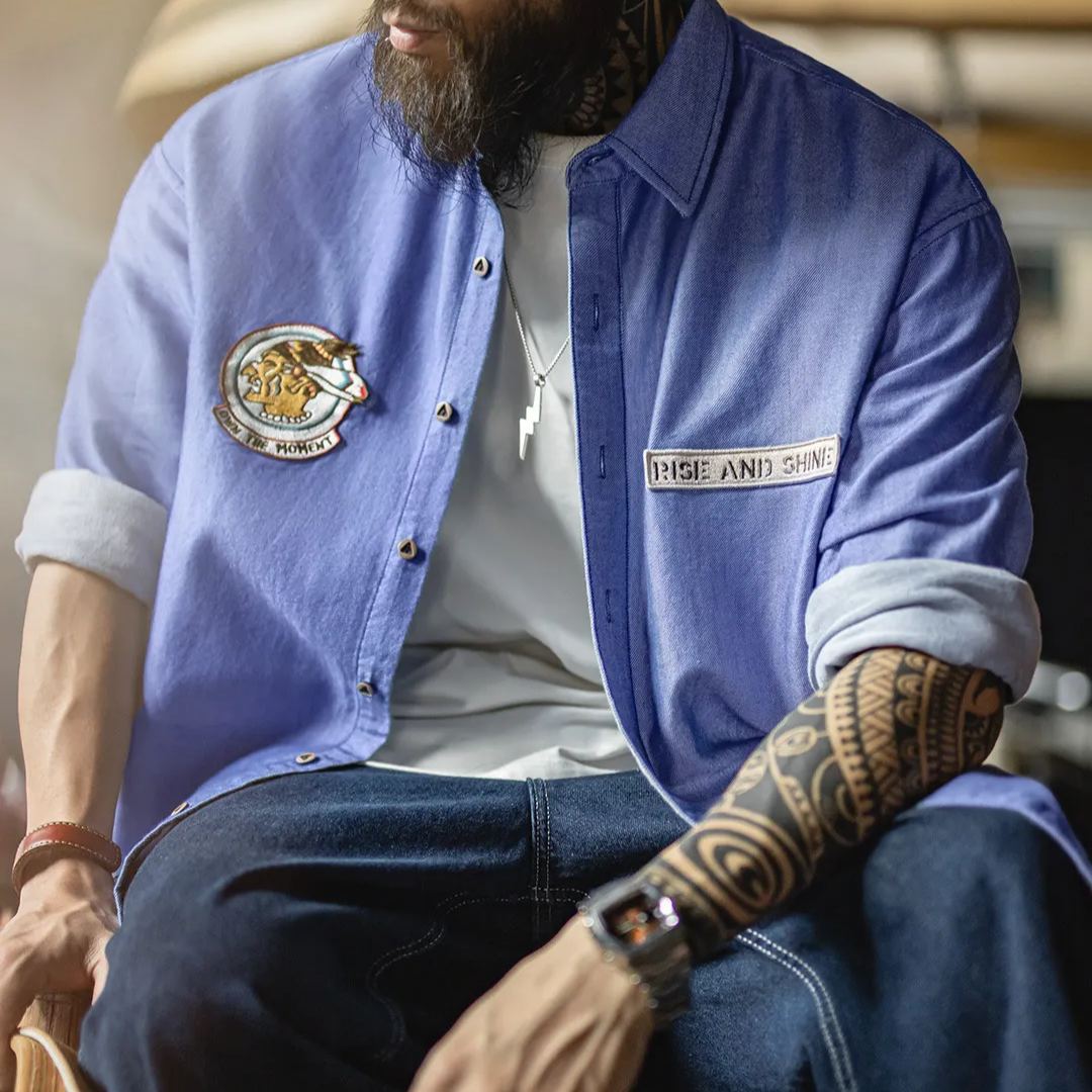 American casual blue pure cotton Oxford fabric thin long sleeved shirt