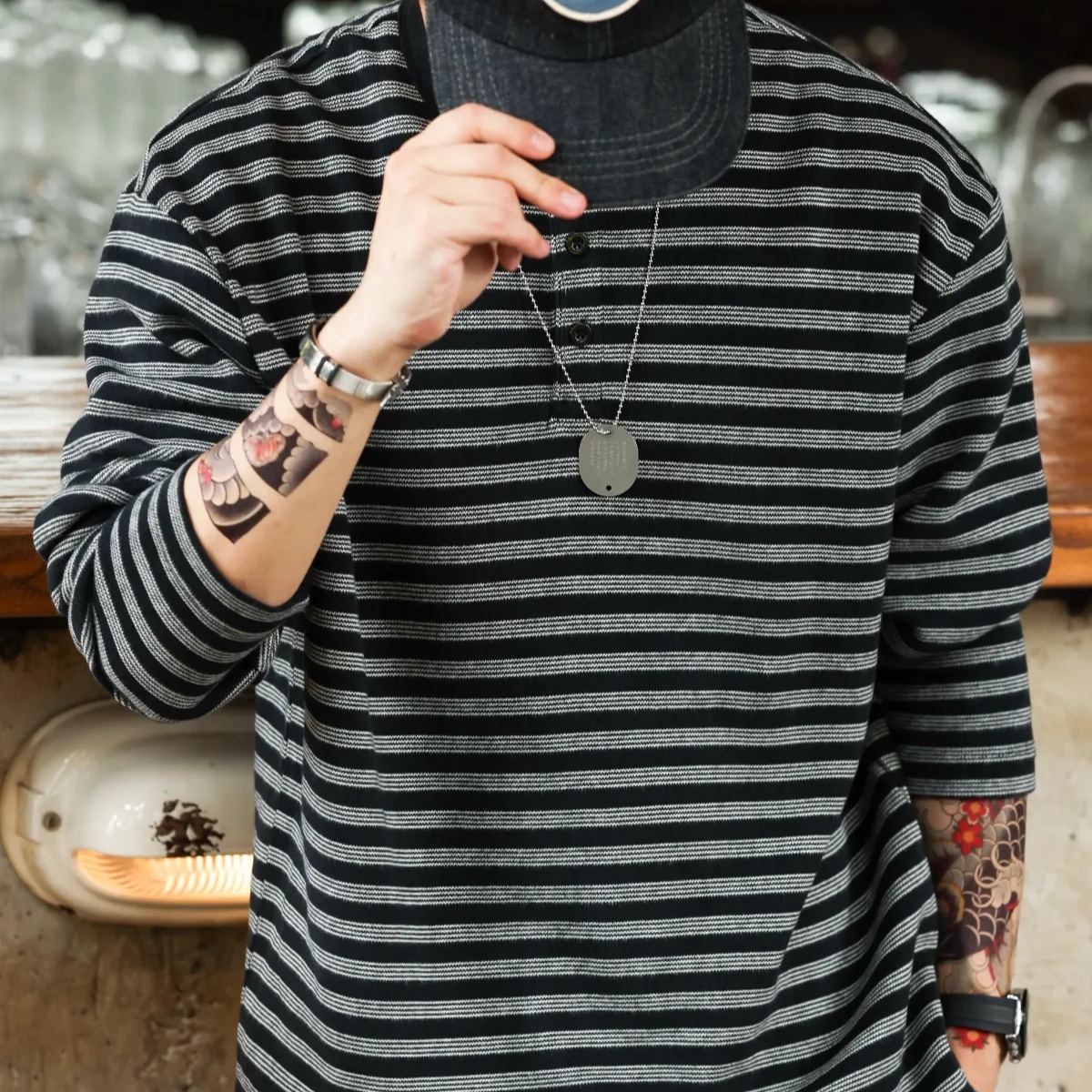 American Casual 360g Heavy-Duty Striped Men'S Loose Retro Henry Collar T-Shirt