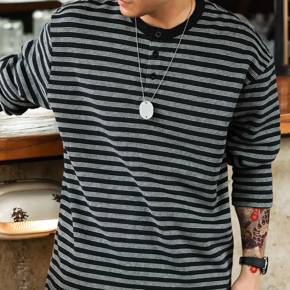 American Casual 360g Heavy-Duty Striped Men'S Loose Retro Henry Collar T-Shirt