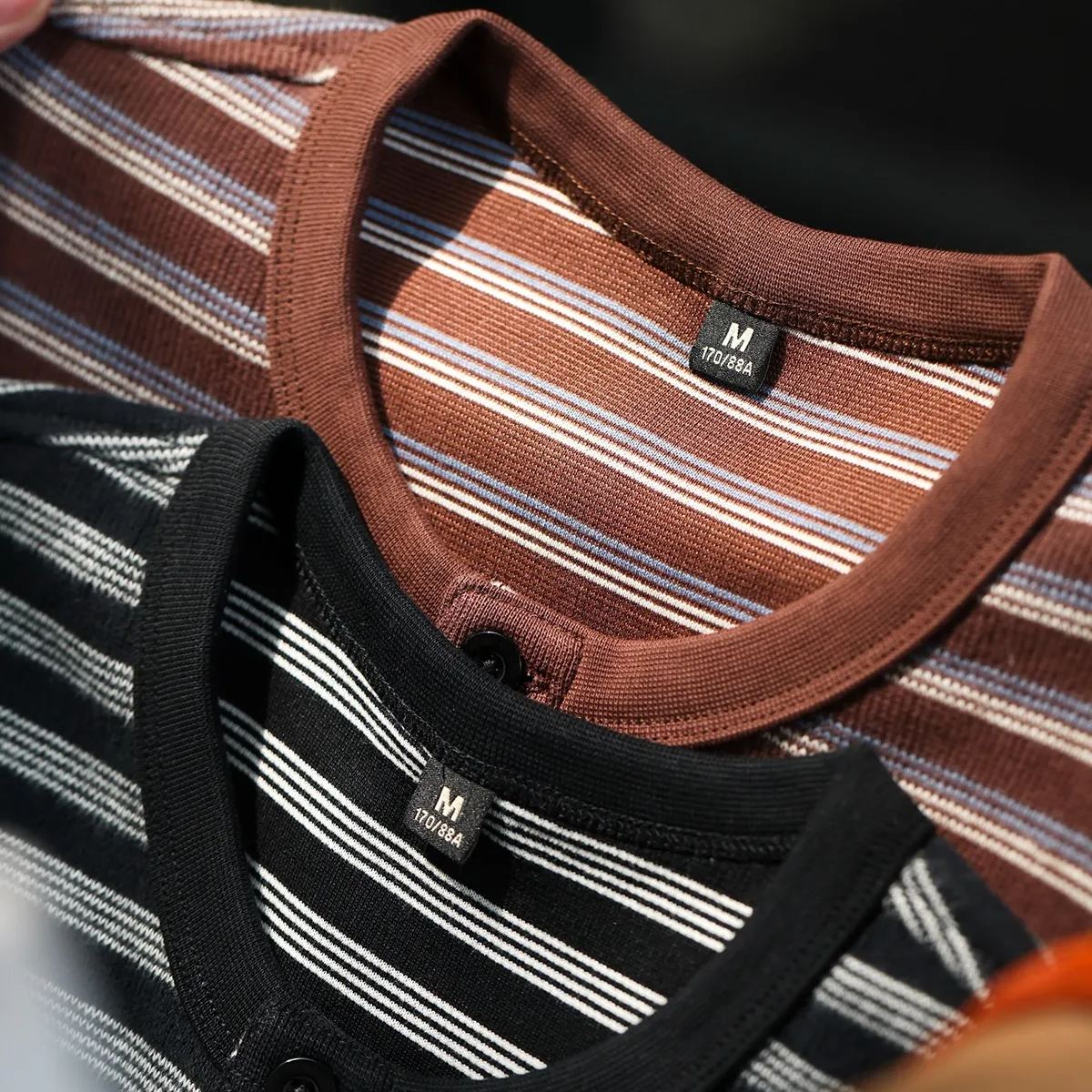 American Casual 360g Heavy-Duty Striped Men'S Loose Retro Henry Collar T-Shirt