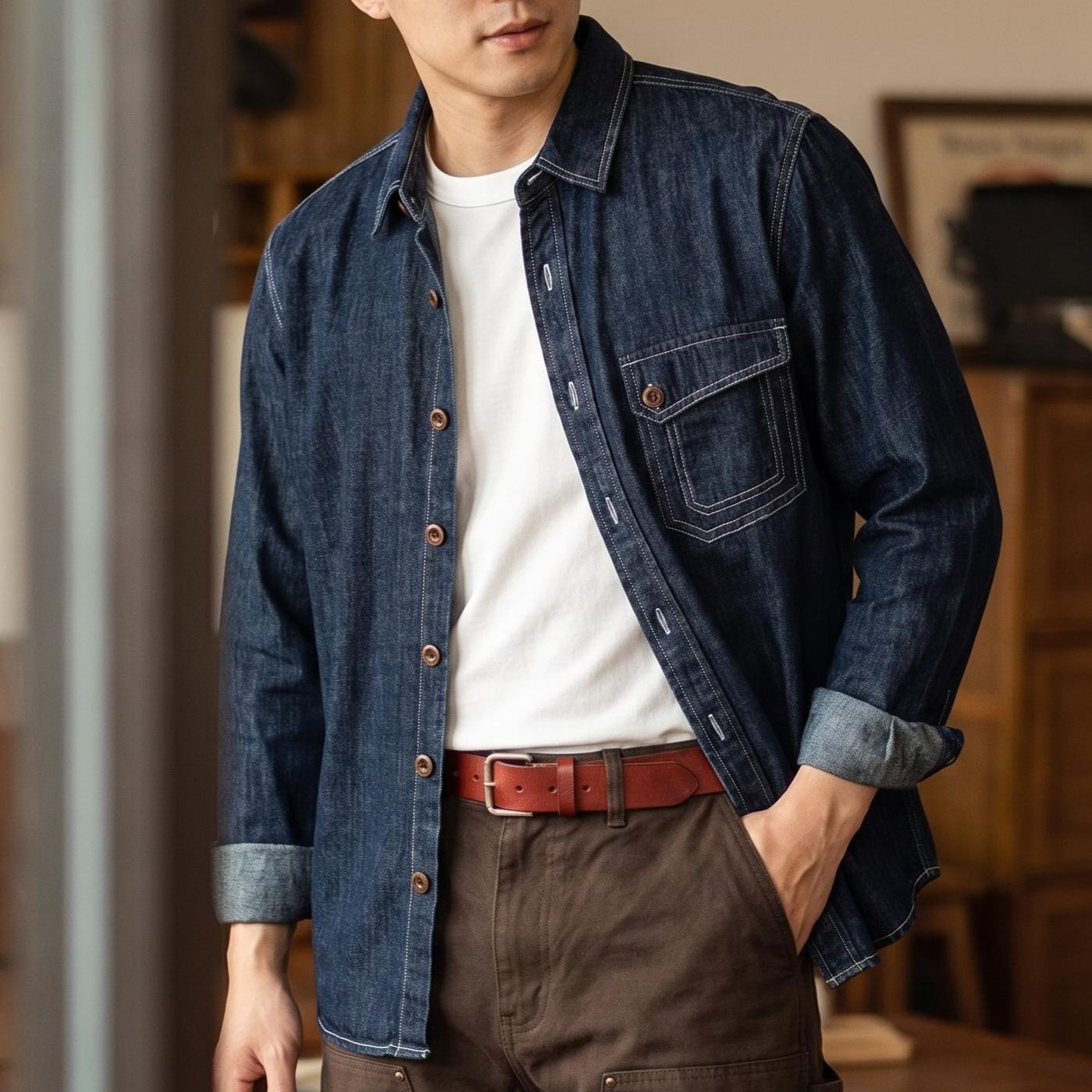  Men Jeans Indigo Washed Solid Work Shirt Selvedge jeans Shirt Denim Shirt Long Sleeve Shirt Jacket Vintage Tops Clothing