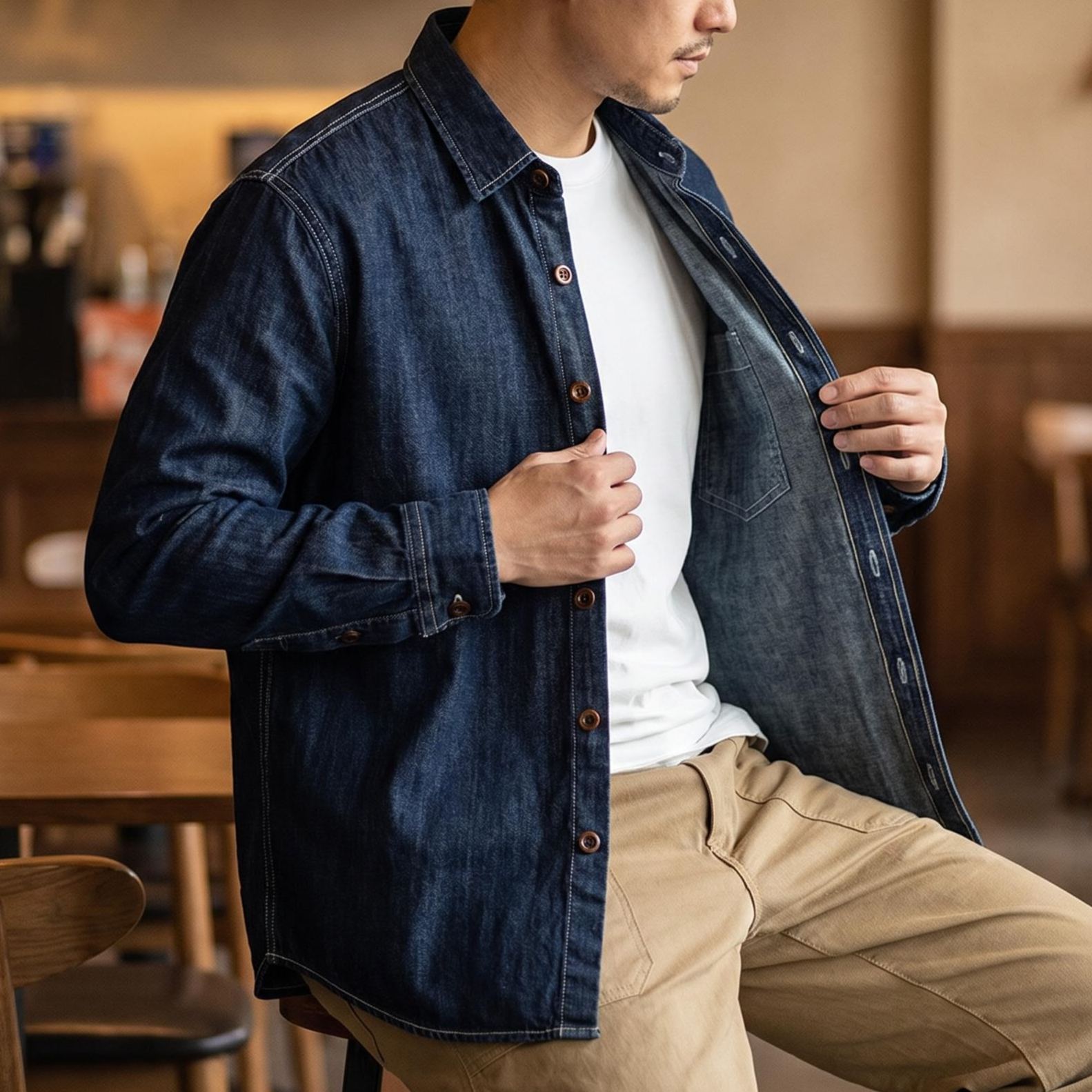  Men Jeans Indigo Washed Solid Work Shirt Selvedge jeans Shirt Denim Shirt Long Sleeve Shirt Jacket Vintage Tops Clothing