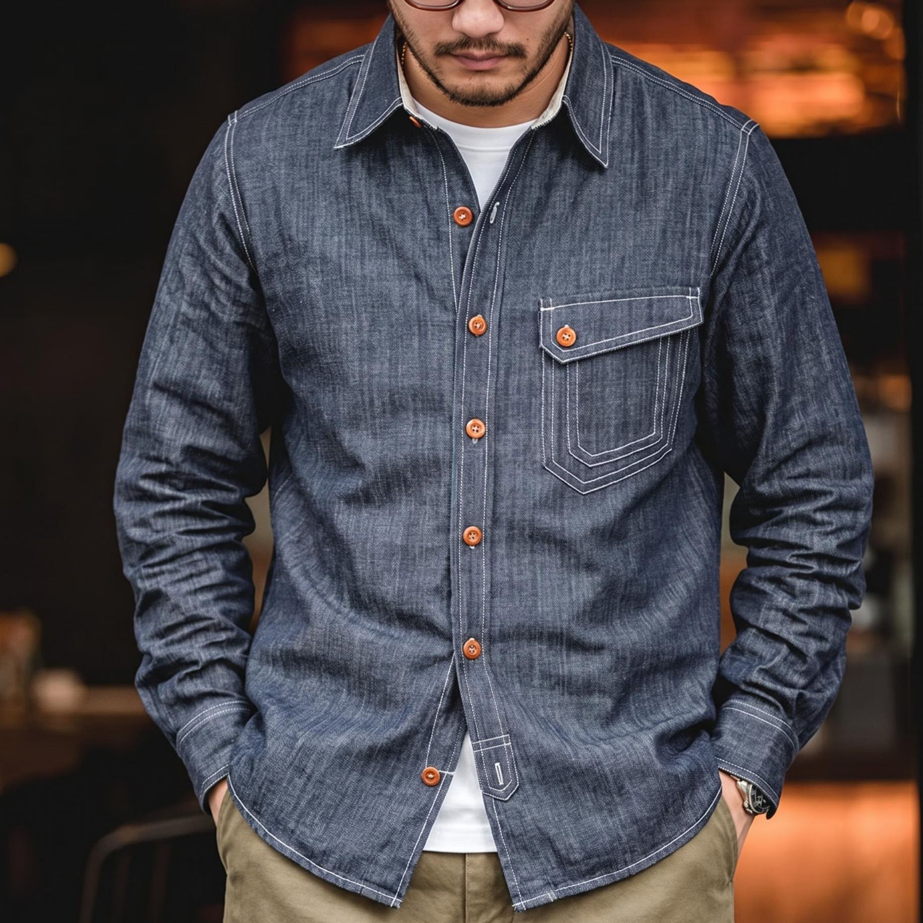  Men Jeans Indigo Washed Solid Work Shirt Selvedge jeans Shirt Denim Shirt Long Sleeve Shirt Jacket Vintage Tops Clothing