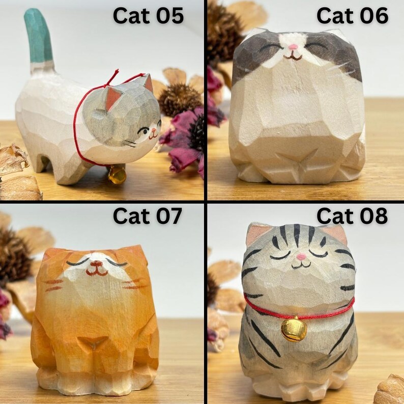Wooden Cat Figurine Desktop Decor Unique Cat Lover Gift