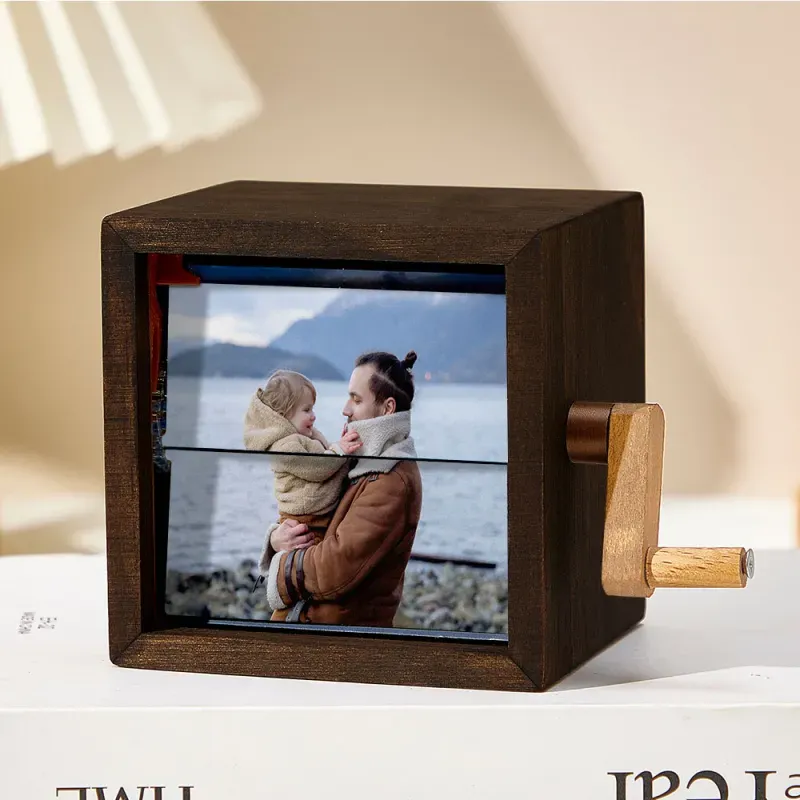 Custom Flip Book Frame Animation Machine Mechanical Personalized Hand-cranked Photo Album with Light Black Walnut Photo Cube Frame Father's Day Gifts