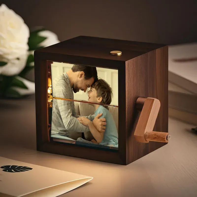 Custom Flip Book Frame Animation Machine Mechanical Personalized Hand-cranked Photo Album with Light Black Walnut Photo Cube Frame Father's Day Gifts