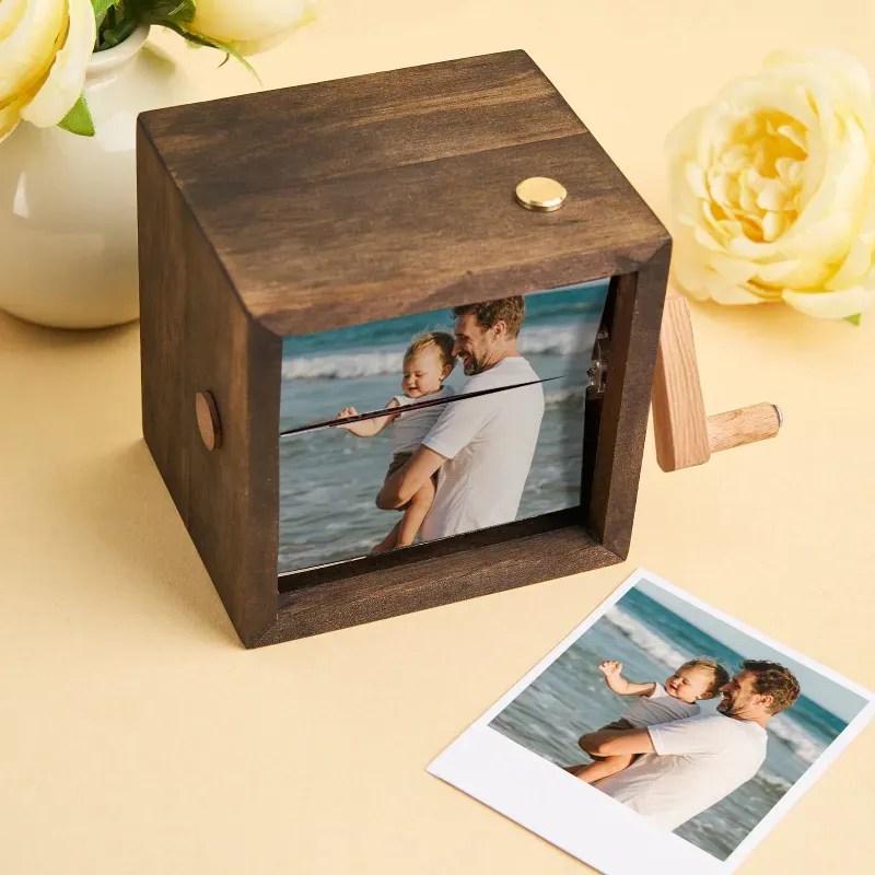 Custom Flip Book Frame Animation Machine Mechanical Personalized Hand-cranked Photo Album with Light Black Walnut Photo Cube Frame Father's Day Gifts