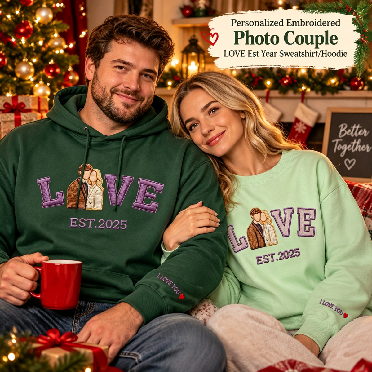 Personalized Embroidered Photo Couple LOVE Est Year Sweatshirt/Hoodie