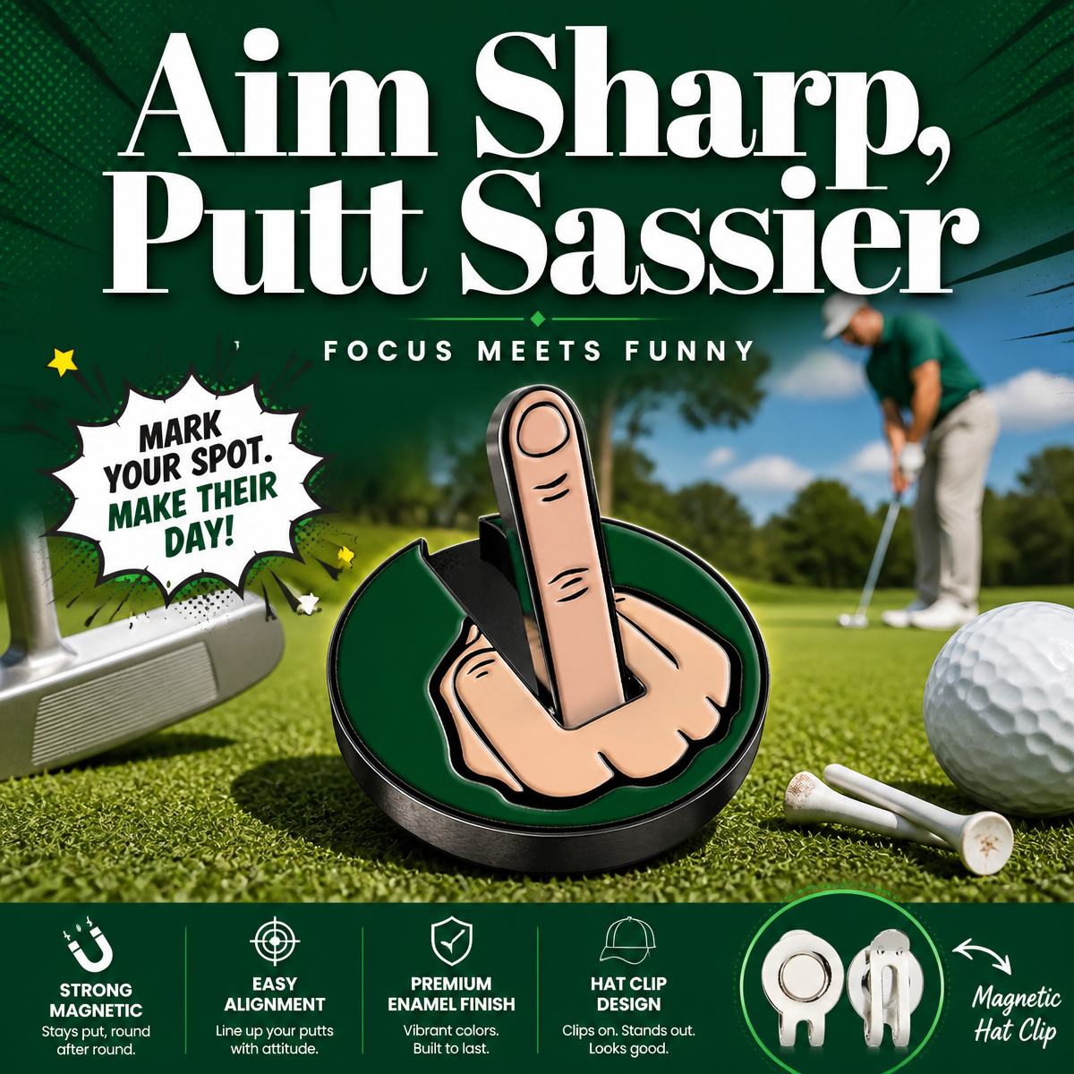 Funny Middle Finger Golf Ball Marker & Hat Clip Gift Set | Gag Gift for Him, Dirty Santa Gift, Stocking Stuffer, White Elephant - MySpotifyGlass