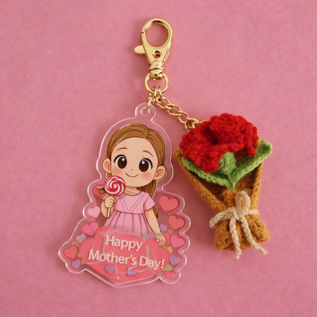 Mother’s Day Keychain Gift | Cute Girl Acrylic Charm with Handmade Crochet Carnation Bouquet | Sweet & Thoughtful Gift - MySpotifyGlass