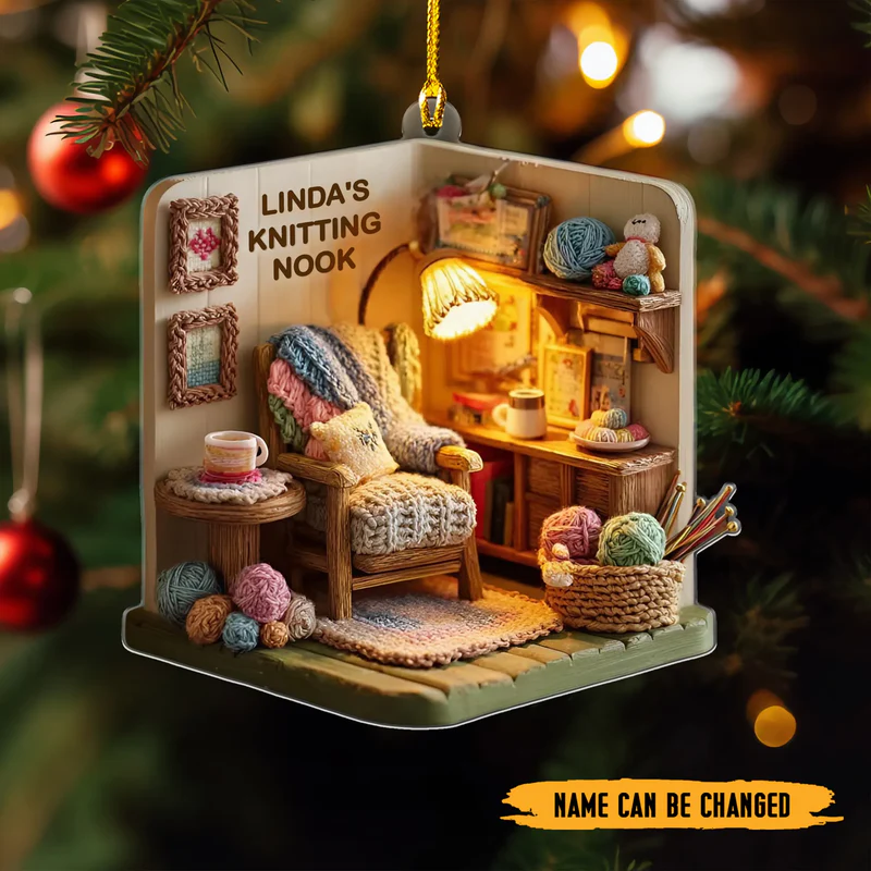 Personalized Cozy Knitting Nook 2D Flat Print Acrylic Ornament