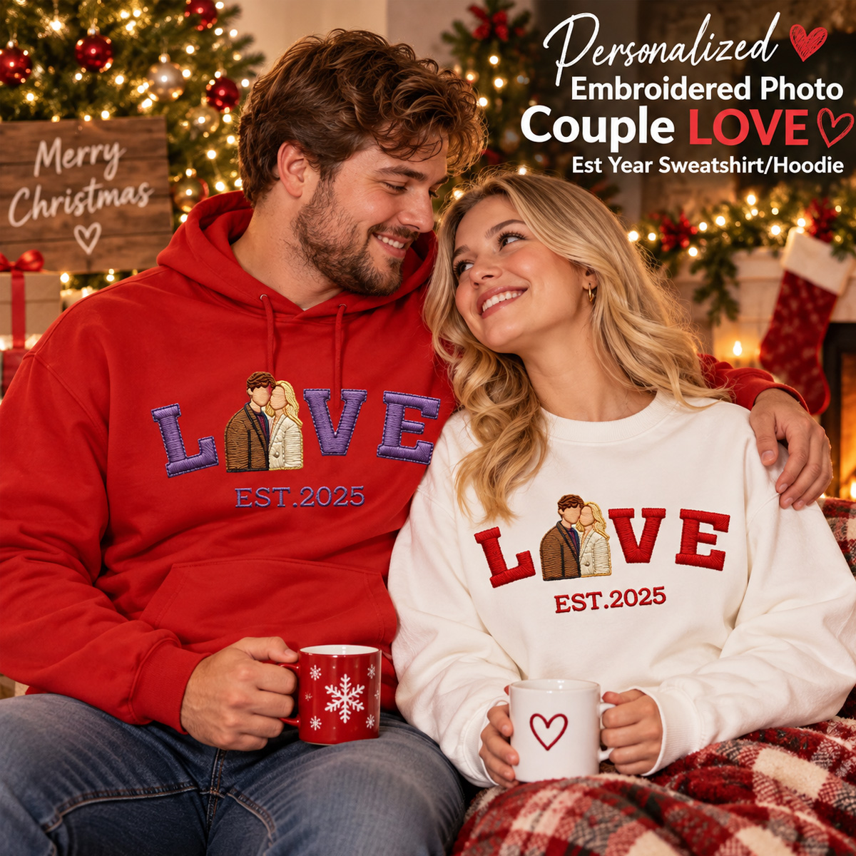 Personalized Embroidered Photo Couple LOVE Est Year Sweatshirt/Hoodie
